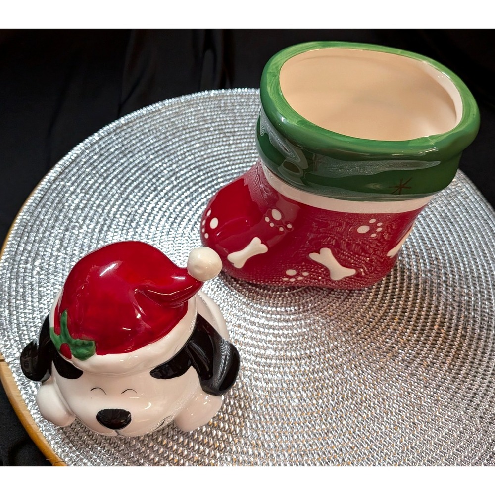 Dog Cookie Treat Jar Paw Winter Season Christmas Holiday Santa Hat Vintage - Picture 6 of 7
